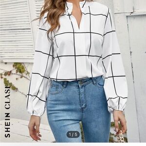 White and Black Checkered Women's Top